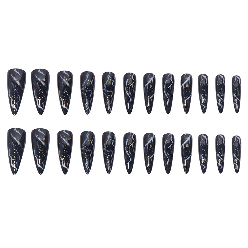 Pink marble pattern long pointed nail wearing nail enhancement with 24 Instagram patches