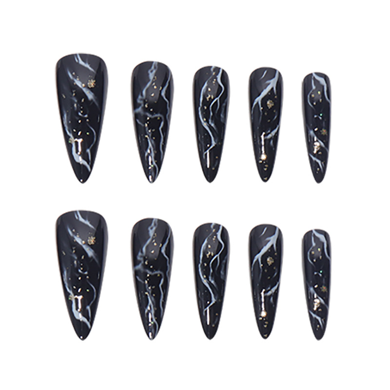Pink marble pattern long pointed nail wearing nail enhancement with 24 Instagram patches