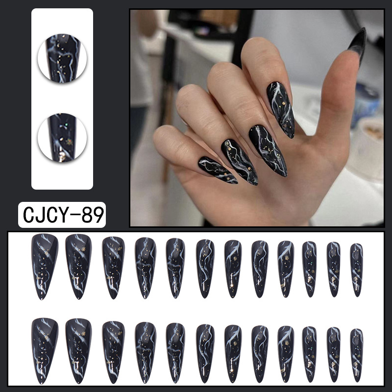 Pink marble pattern long pointed nail wearing nail enhancement with 24 Instagram patches