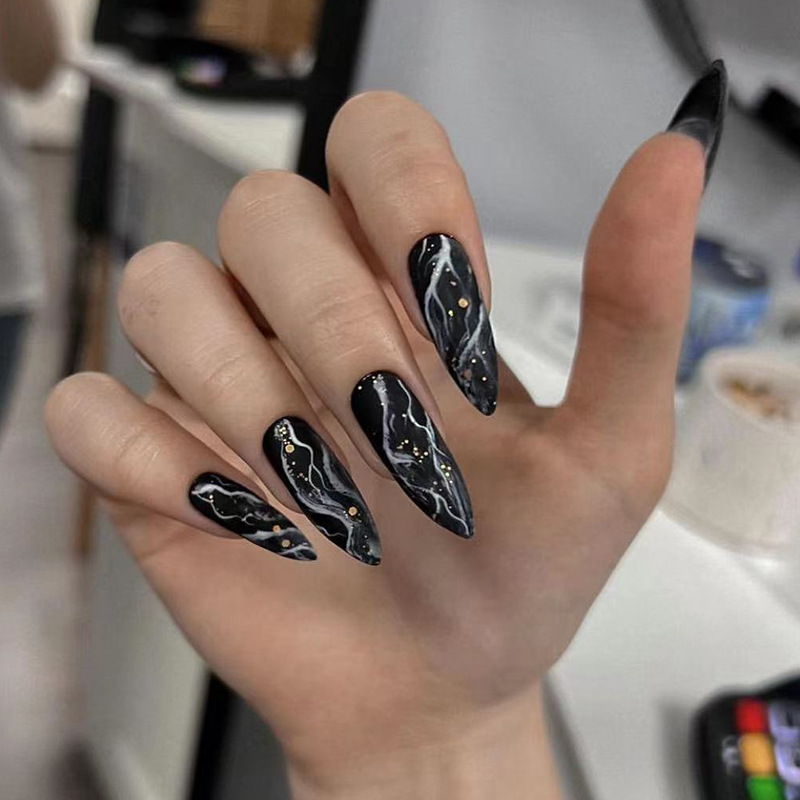 Pink marble pattern long pointed nail wearing nail enhancement with 24 Instagram patches