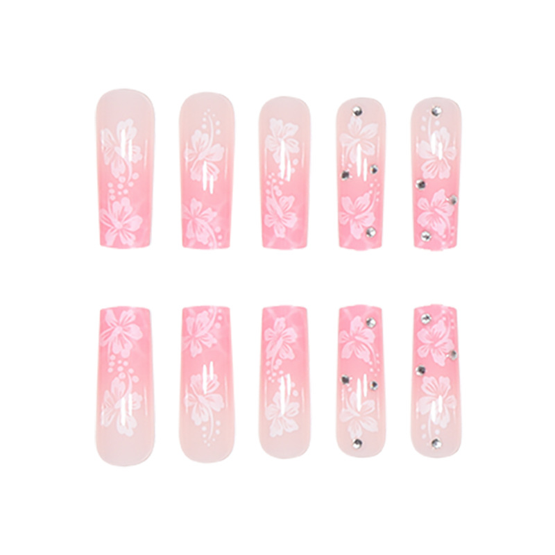 Sweet Girl Instagram Style Gradual Pink Gradual Cherry Blossom Nail Enhancement Mid length Water Pipe Armor Broken Diamond Wearing Armor