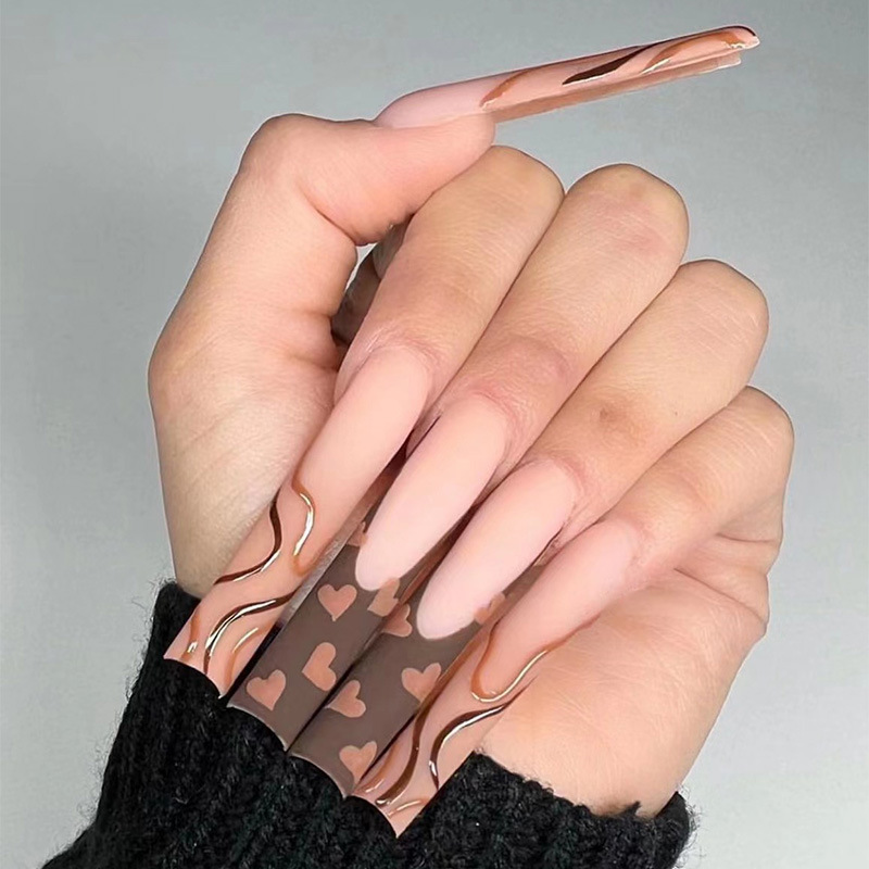 Long style water pipe nail with dark heart-shaped lines European and American wearing nail art patches fake nail patches
