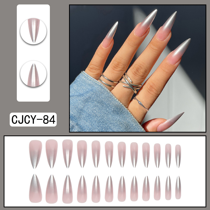 Silver gradient long pointed nail with jelly color transparent powder and white wearing armor