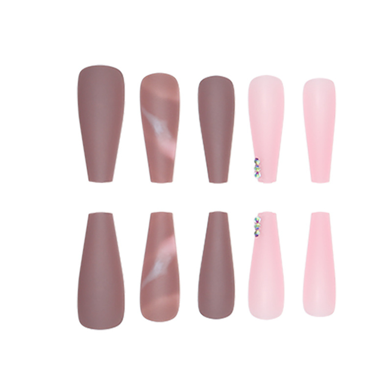 Marble patterned long ballet nails with powder inlay and diamonds 24 wearable nail patches wearing nails  European and American nail art patches