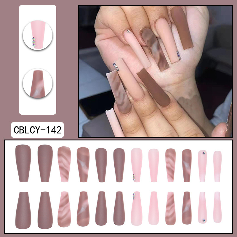 Marble patterned long ballet nails with powder inlay and diamonds 24 wearable nail patches wearing nails  European and American nail art patches