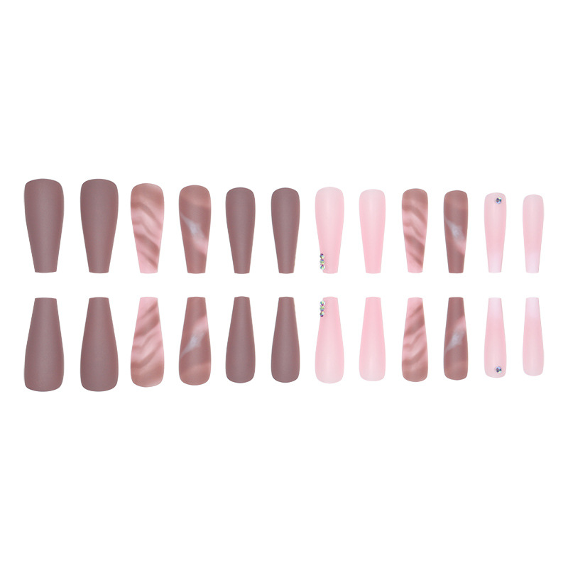 Marble patterned long ballet nails with powder inlay and diamonds 24 wearable nail patches wearing nails  European and American nail art patches