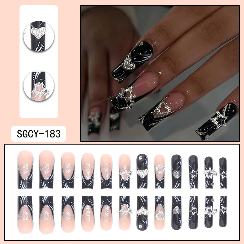 Black French Wearing Nail Sweet Cool Nail Patch Sparkling Pink Love Star European and American Dark Detachable Nail Patch