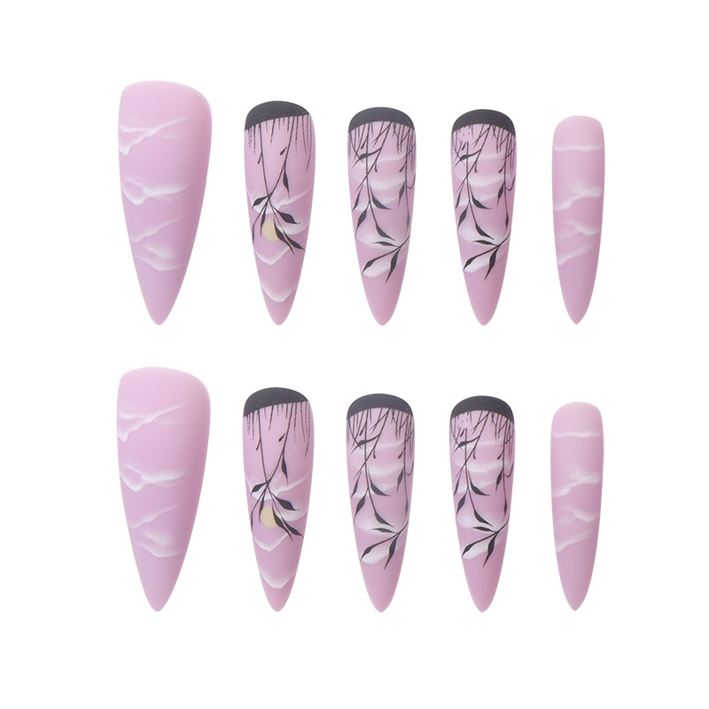 Long pointed armor dark night style wearing armor small grass moon and white clouds false nail stickers Press on nail