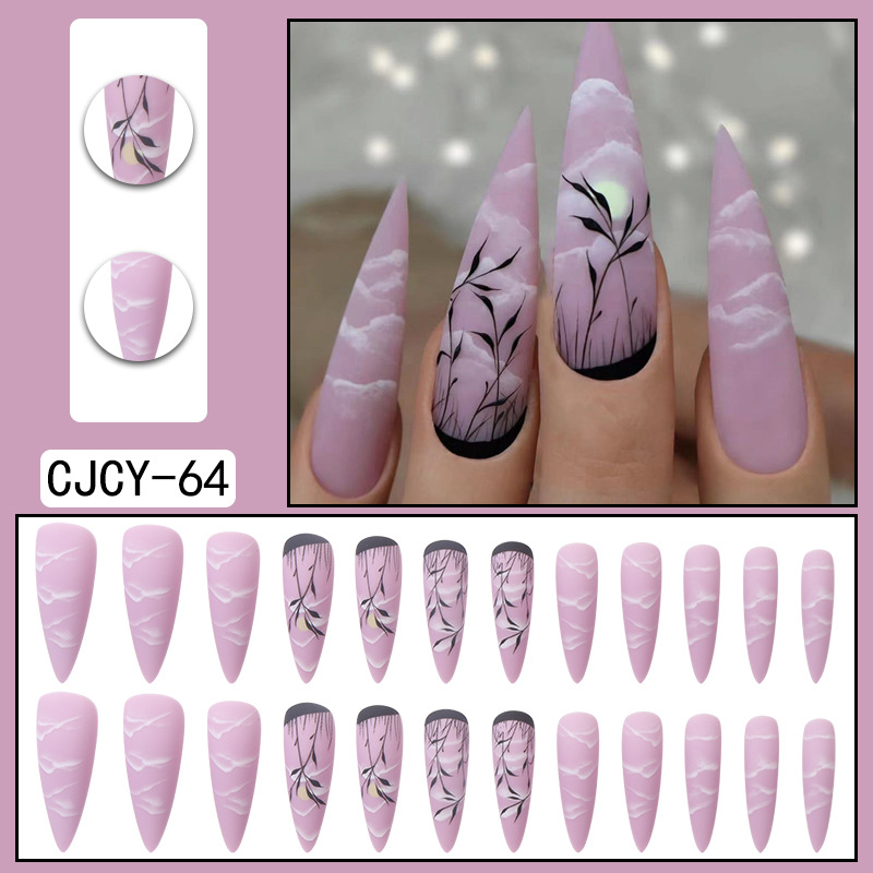 Long pointed armor dark night style wearing armor small grass moon and white clouds false nail stickers Press on nail