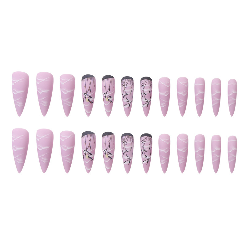 Long pointed armor dark night style wearing armor small grass moon and white clouds false nail stickers Press on nail