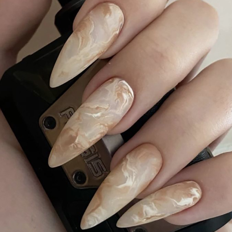 Minimalist marble pattern wearing nails long pointed nails fake nails European and American nail stickers nail patches