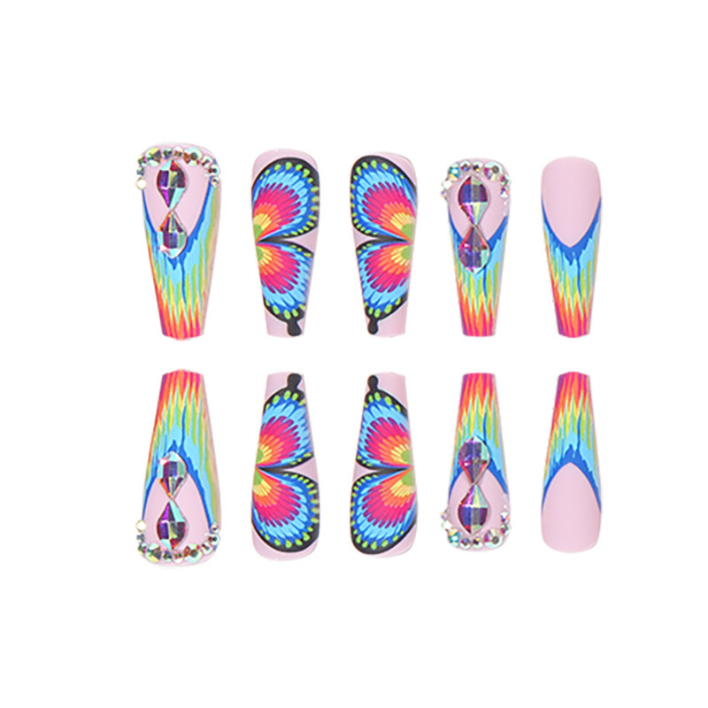European and American Butterfly Rainbow French Wearing Nail Panel with Diamond Gradual Wearing Nail Patch and Nail Panel