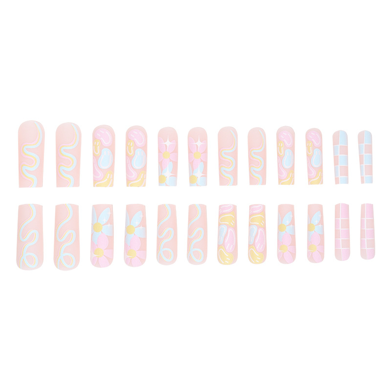 Macaron color scheme with small floral lines and plaid patterns, wearing nail products, fake nails, nail patches, and nail patches