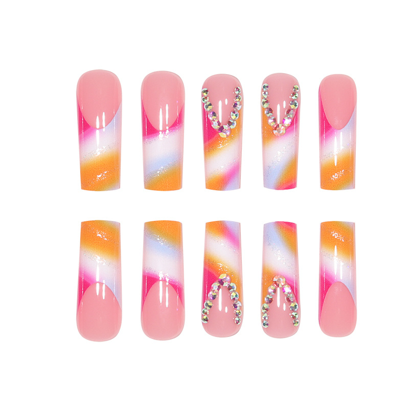 French Phantom Gradient European and American Wearing Nail Flash Crushed Diamond False Nail Wearing Nail Sticker Long False Nail