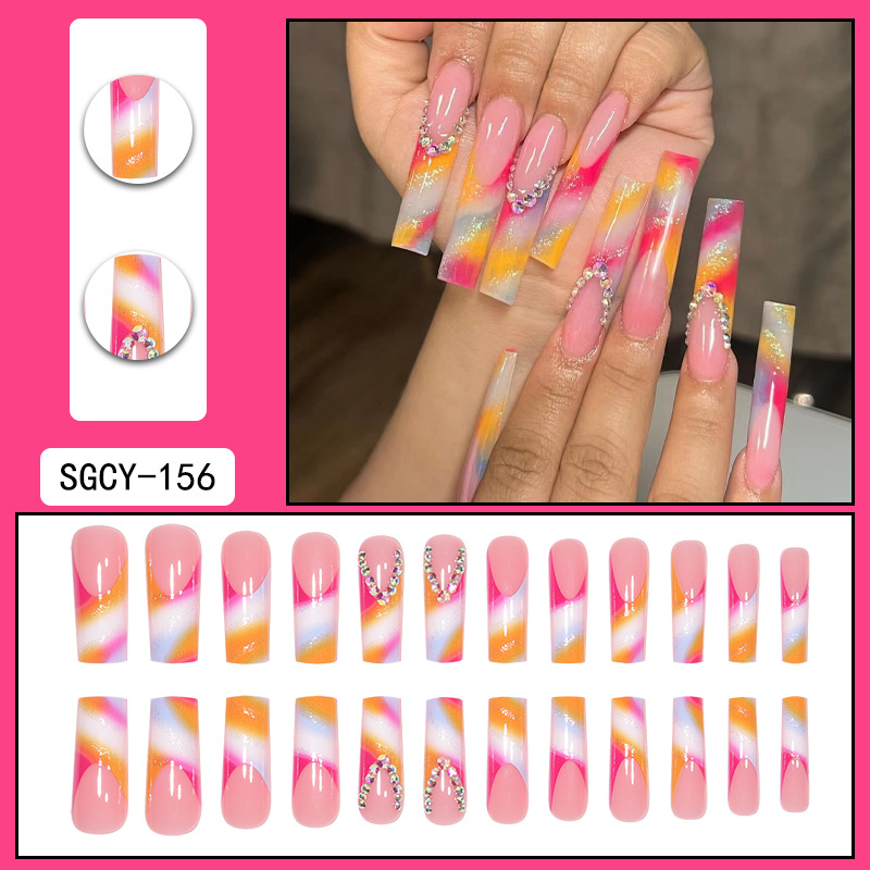French Phantom Gradient European and American Wearing Nail Flash Crushed Diamond False Nail Wearing Nail Sticker Long False Nail