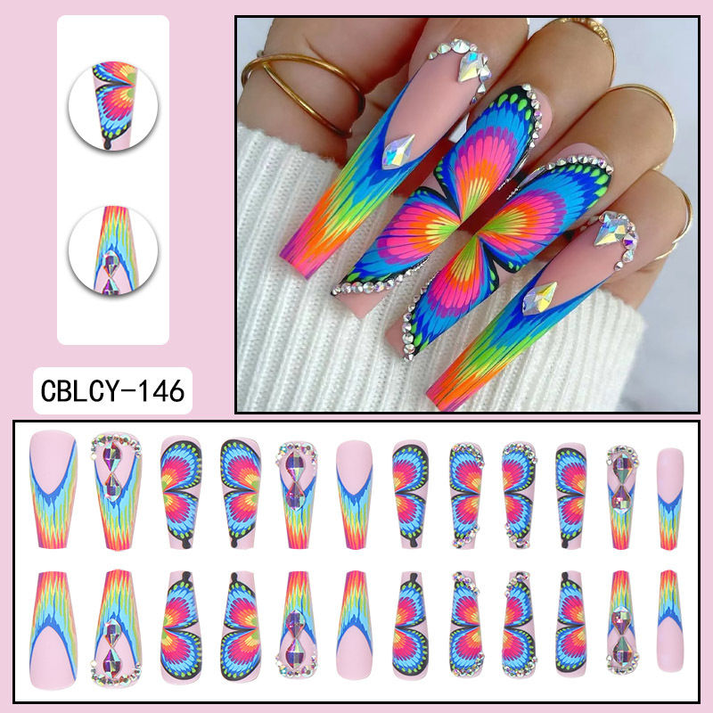 European and American Butterfly Rainbow French Wearing Nail Panel with Diamond Gradual Wearing Nail Patch and Nail Panel