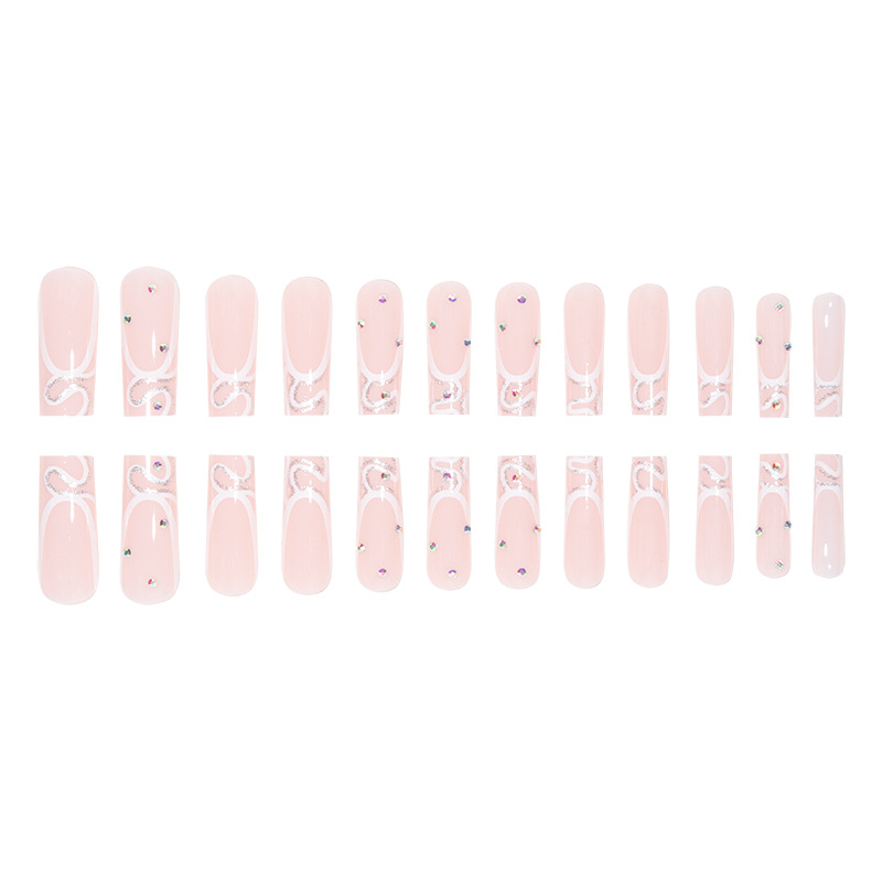 Long French style nail glitter crushed drill wearing nail polish European and American nail patches showing white and long false nails