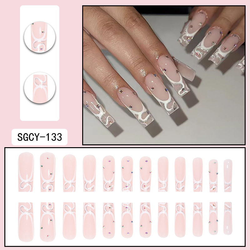 Long French style nail glitter crushed drill wearing nail polish European and American nail patches showing white and long false nails