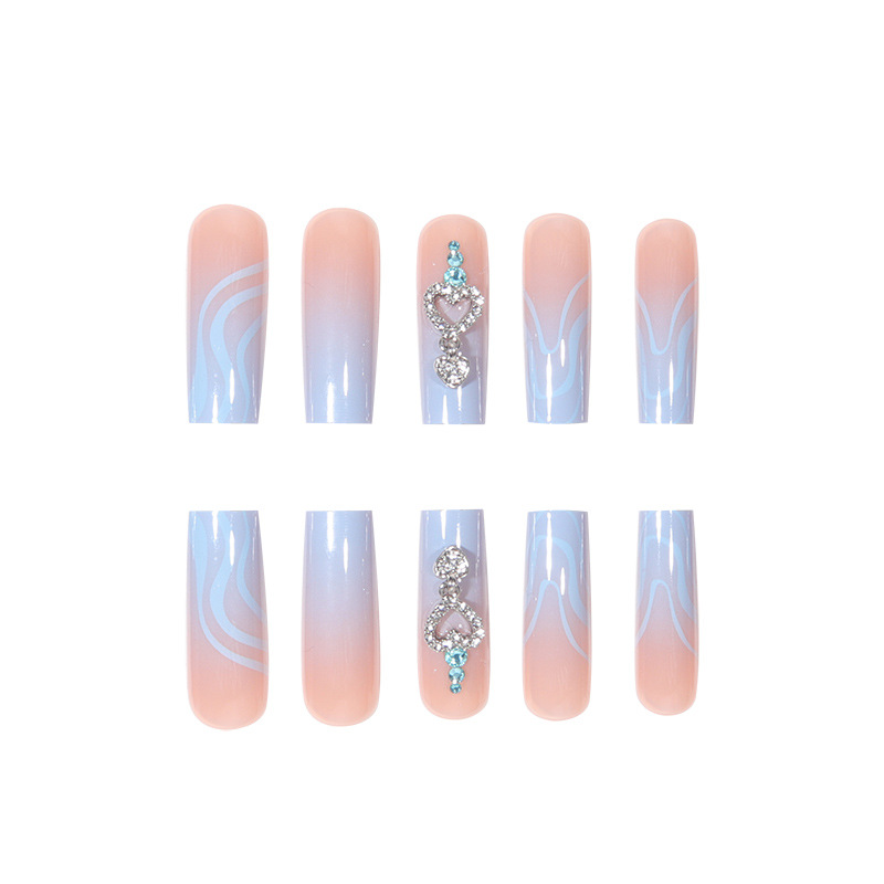 Instagram style long wearing armor with diamond pendant blue gradient line fake nail patch finished nail art