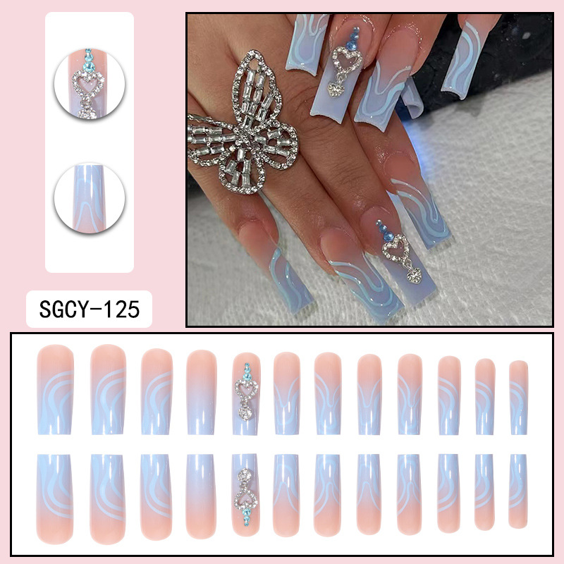 Instagram style long wearing armor with diamond pendant blue gradient line fake nail patch finished nail art