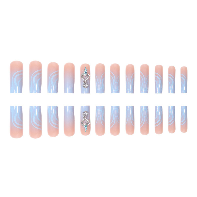 Instagram style long wearing armor with diamond pendant blue gradient line fake nail patch finished nail art