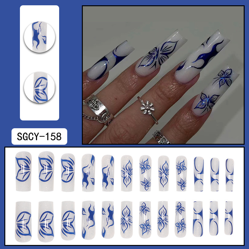 Sparkling blue butterfly European and American nail patches Instagram style wearable long style nail patches manicure patches fake nail patches