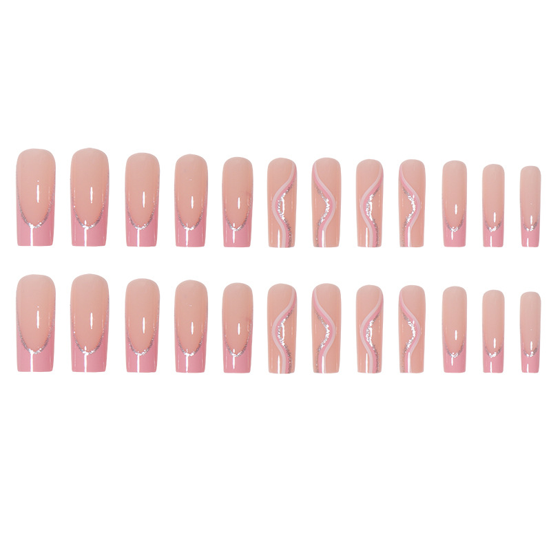 French style nail patches, pink texture, glittering pink lines, fake nails wholesale, hot selling nail patches, finished water pipe nails