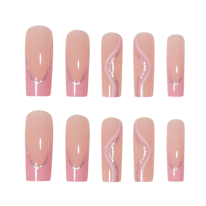 French style nail patches, pink texture, glittering pink lines, fake nails wholesale, hot selling nail patches, finished water pipe nails